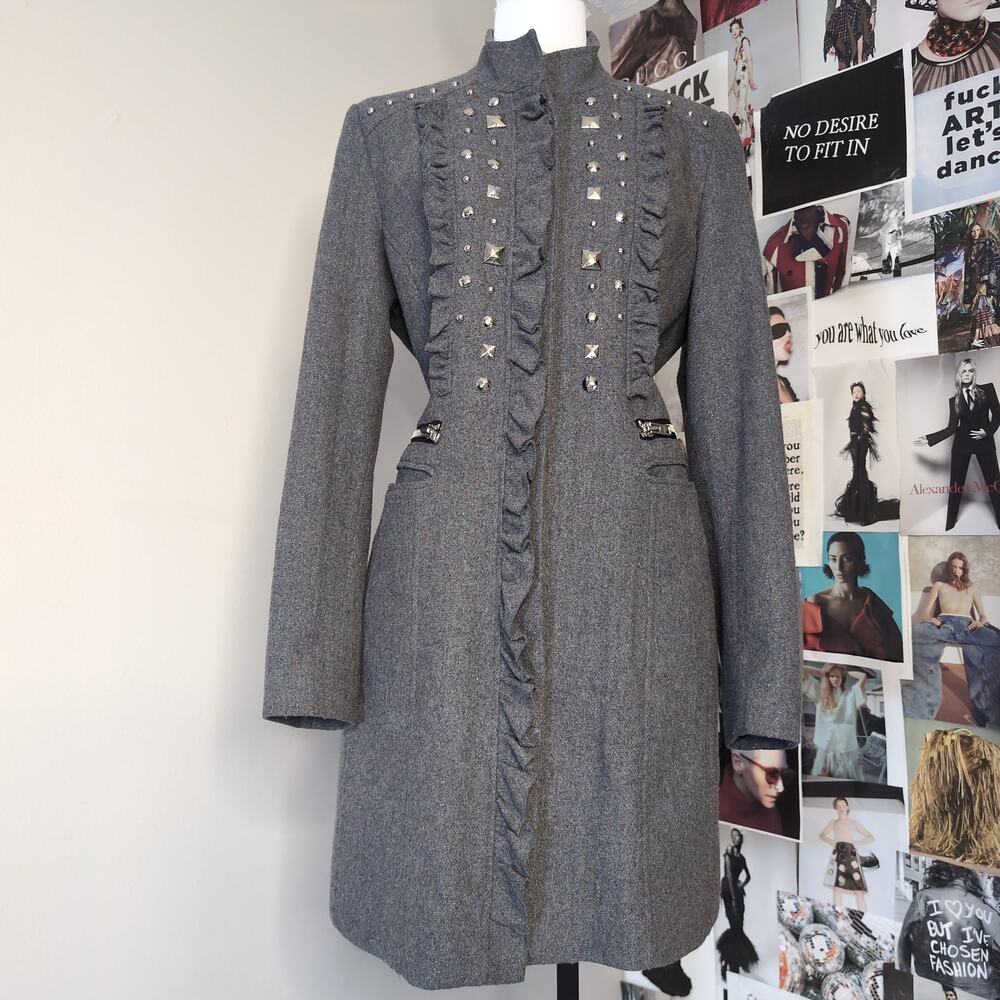 Studded Ruffle Trim Long Coat Y2k
